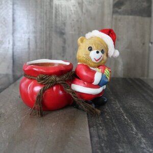 Santa Claus Teddy Bear Ceramic Christmas Poinsettia Planter Vintage Decor